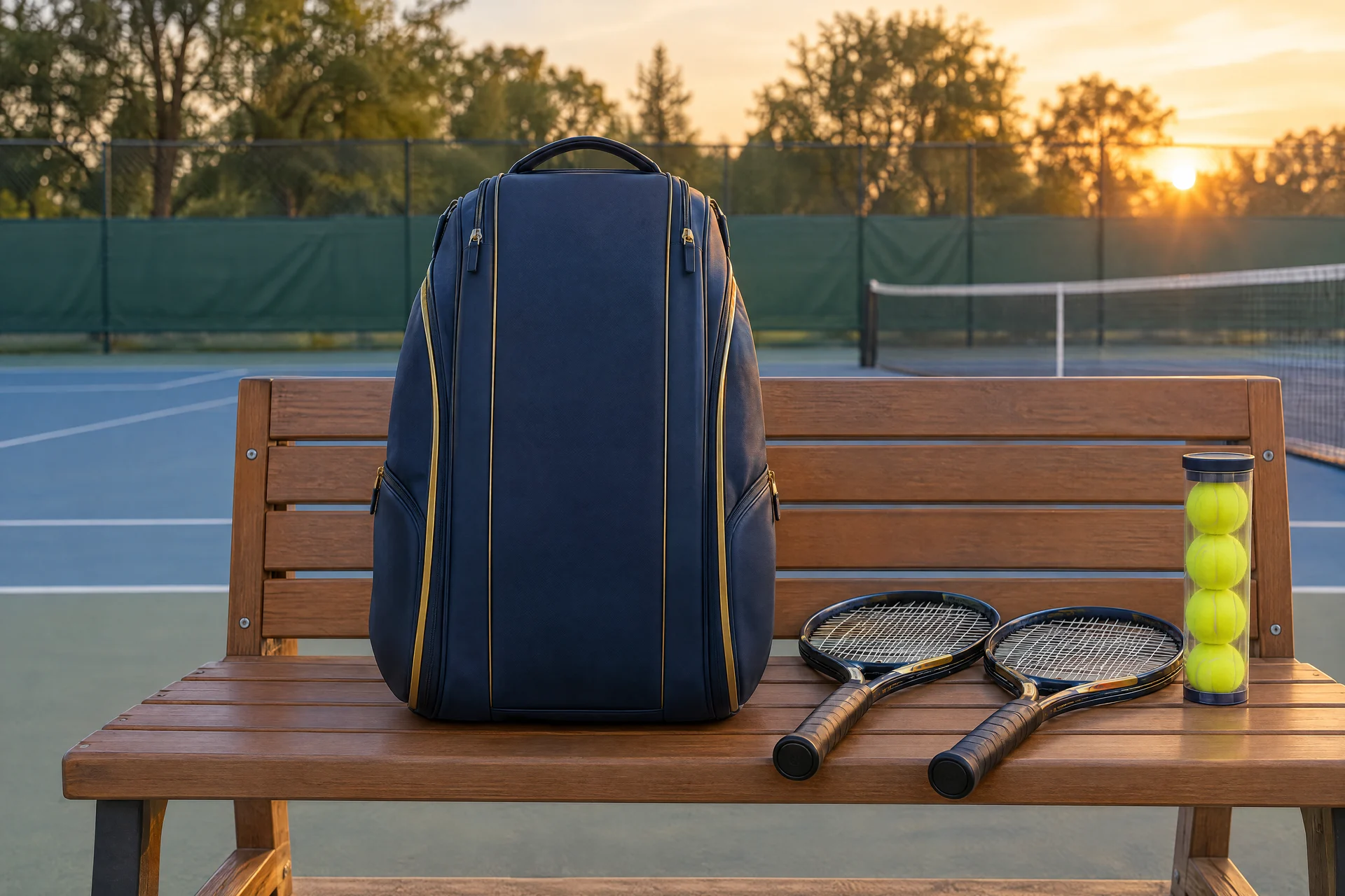A navy tennis bag standing on a courtside bench beside two racquets and a tube of balls