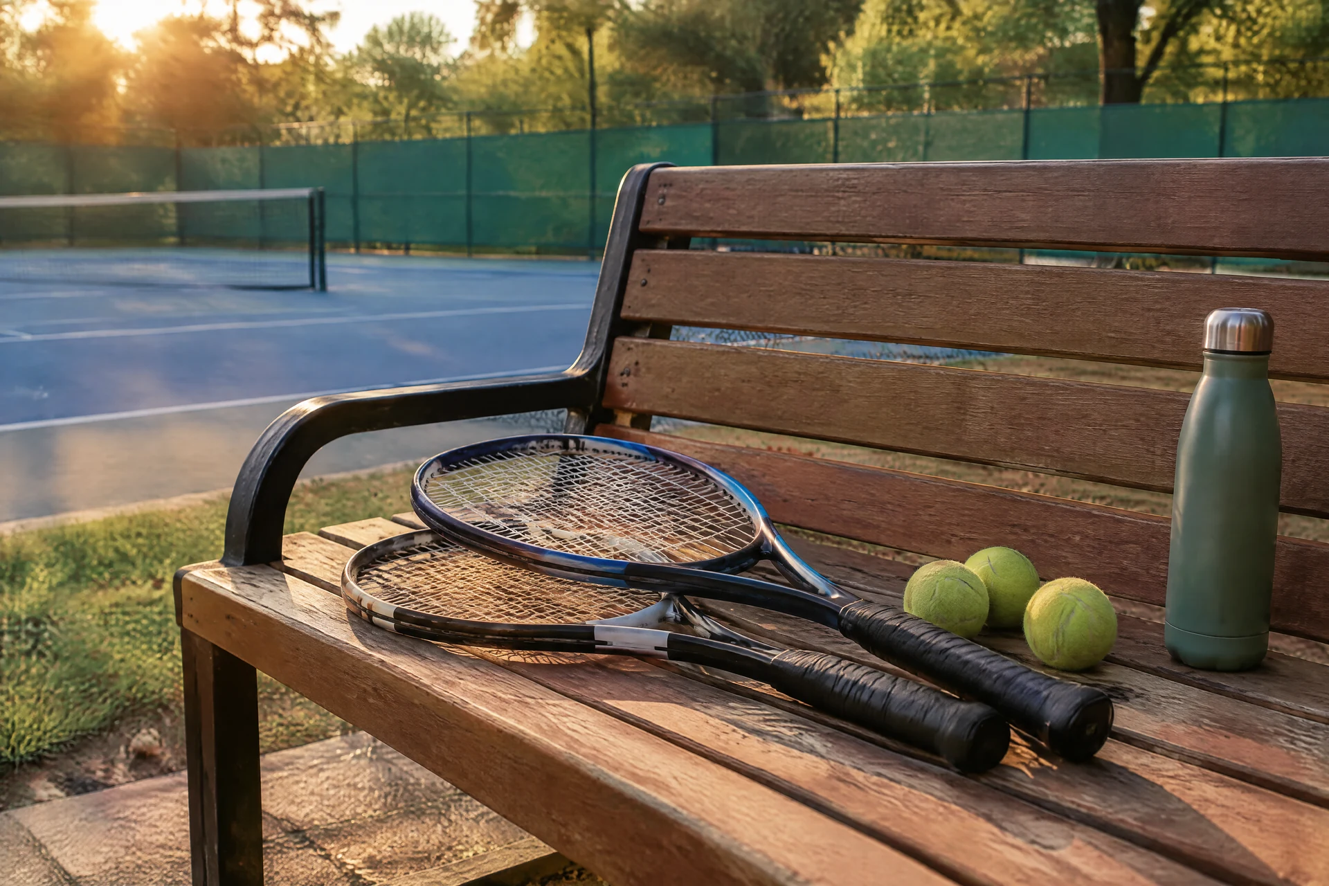 Two racquets, balls and a water bottle resting on a courtside bench at sunset