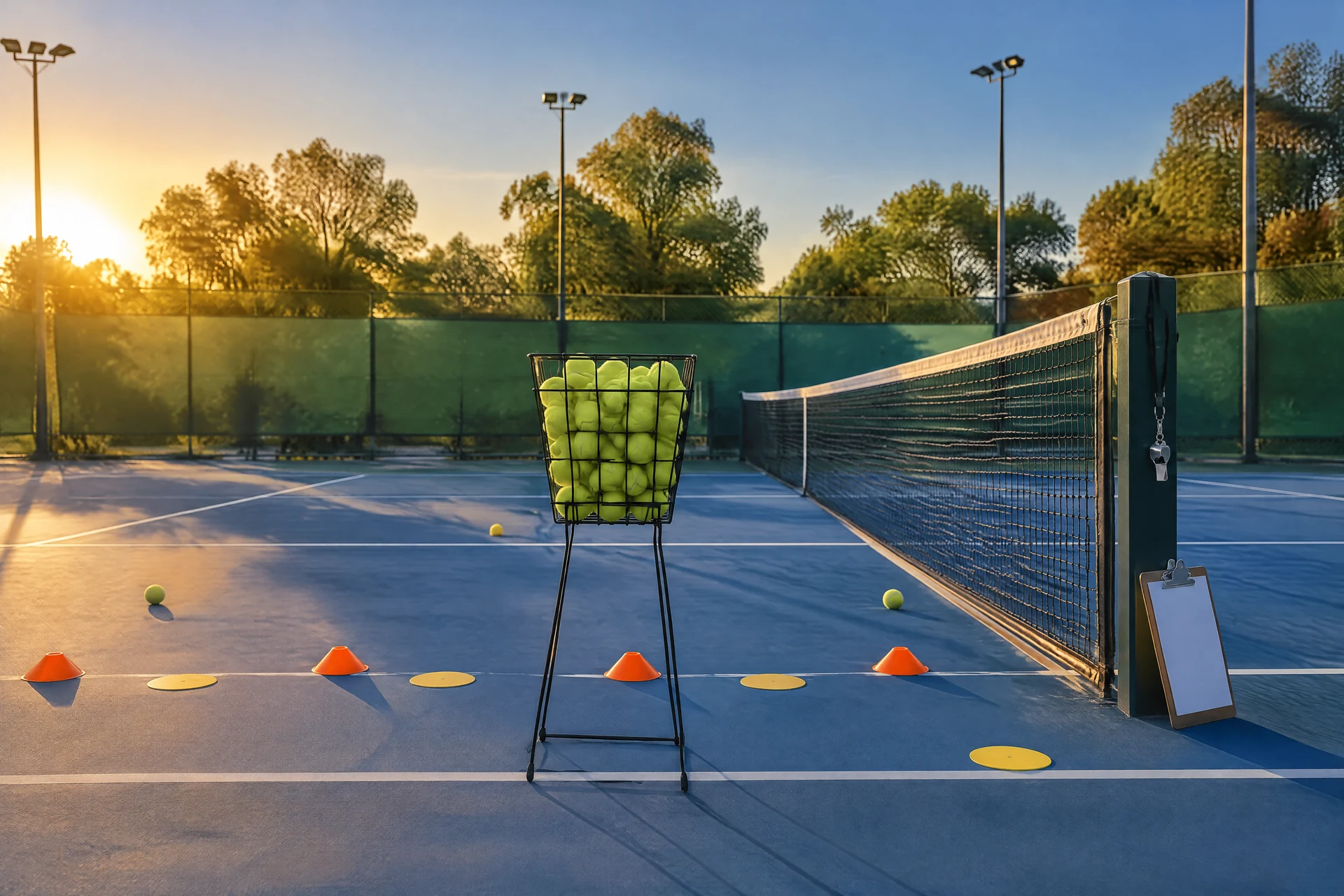 A court set up for a lesson: a teaching basket full of balls, drill cones and targets
