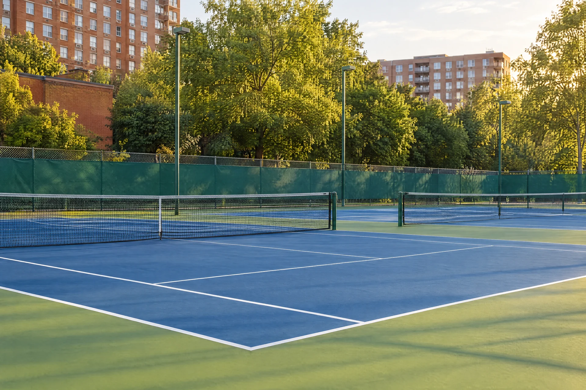 Blue hard courts with green windscreens and trees behind