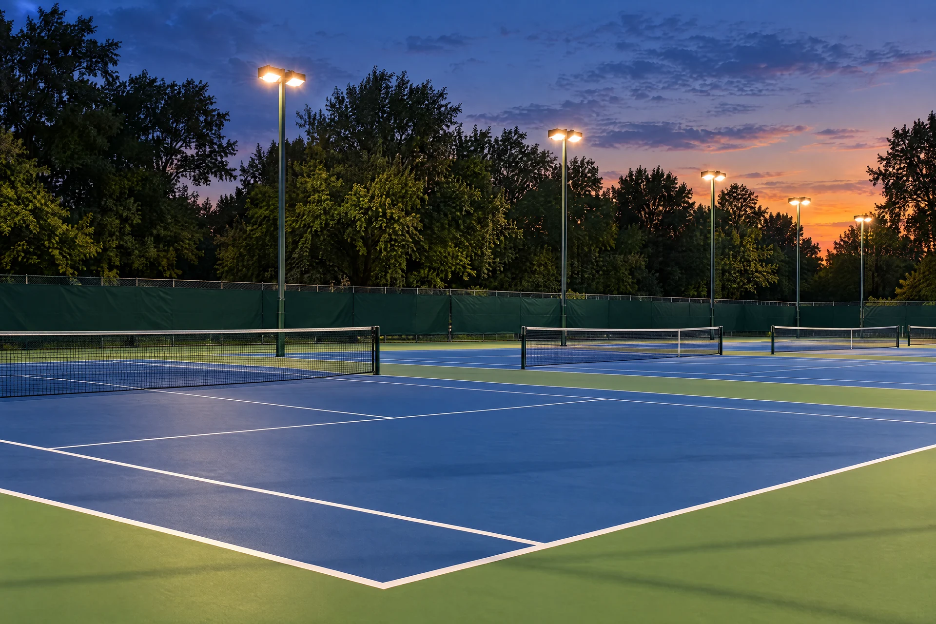 The courts under lights at dusk