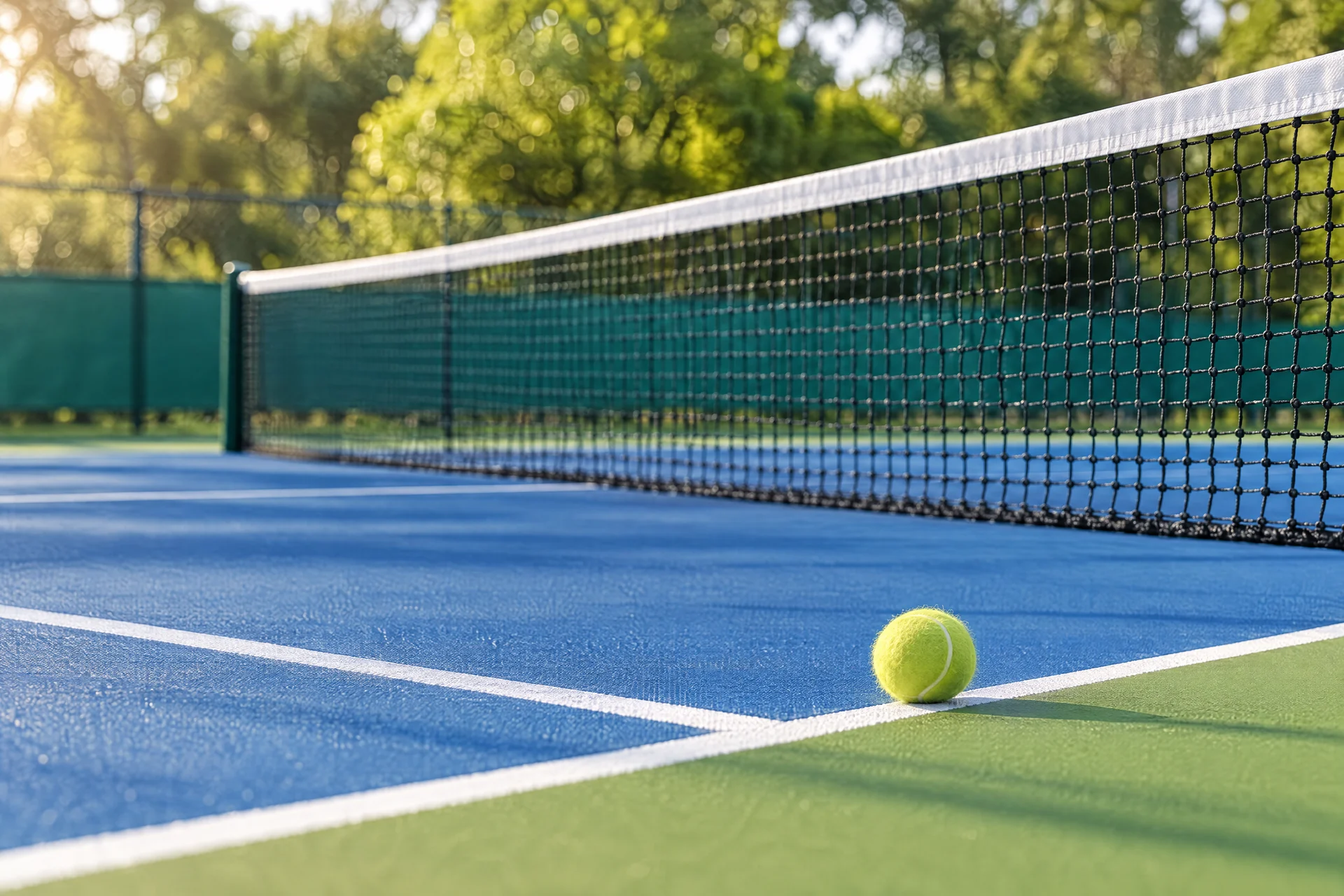 A tennis net and ball on a blue hard court
