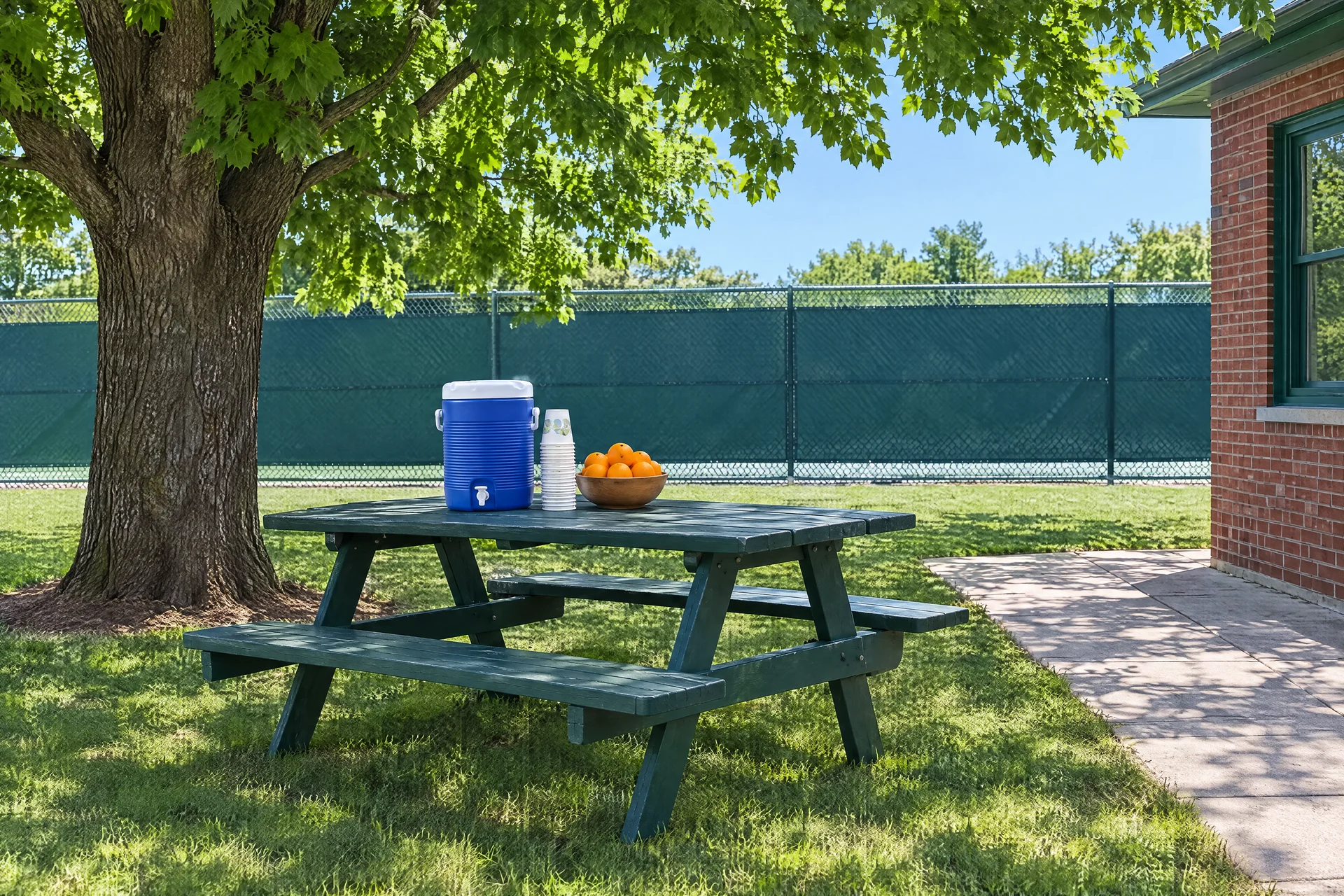 A picnic table in the shade beside the courts with a water cooler