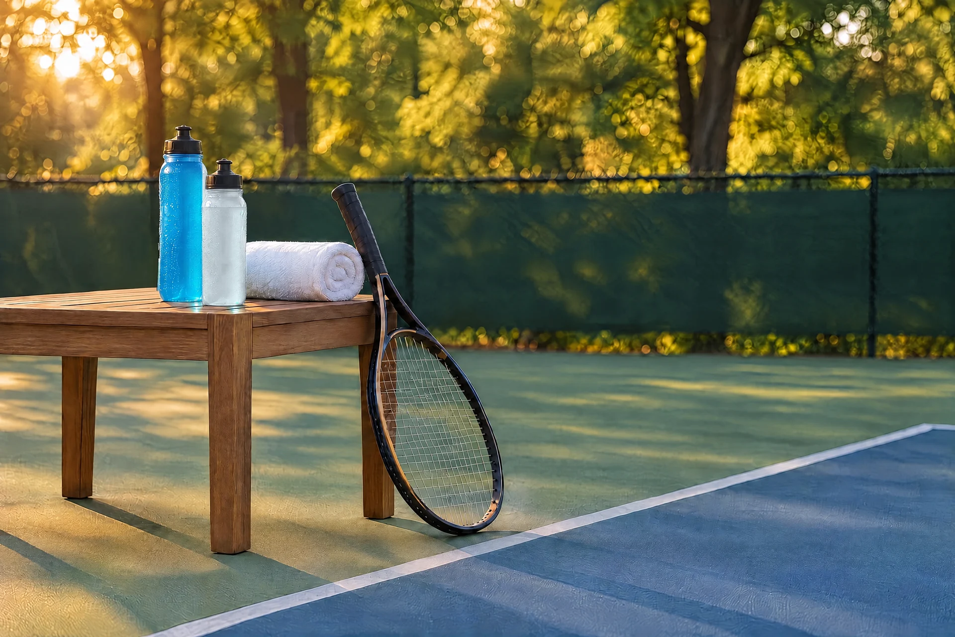 A courtside table with a blue sports drink, a water bottle, a towel and a racquet at golden hour
